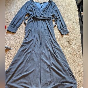 Blue Chiffon Long Sleeve Pleated Plus Maxi Dress